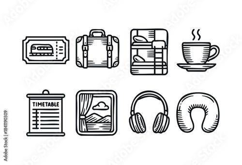 A collection of hand-drawn line art icons illustrating essential items and experiences for train travel and long journeys — stock vector.