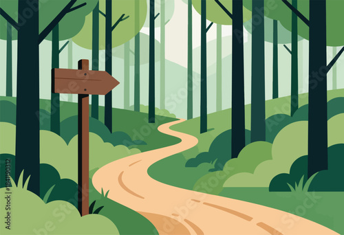 Illustration of a serene forest scene with a signpost pointing the way along a winding path