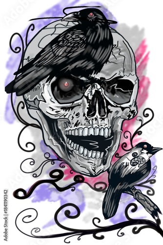 Skull, bones, and birds of death, rock style.