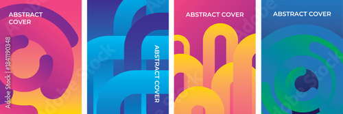 A collection of five contemporary art prints showcasing bold, flowing color transitions in shades of violet, crimson, and amber. Each piece integrates clean, understated lettering paired with structur