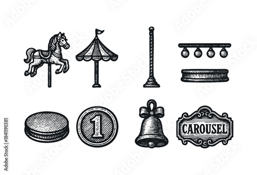 A collection of hand-drawn vintage engraving style elements for a carousel or amusement park, including a horse, tent, bell, and sign, isolated on white background. — stock vector.