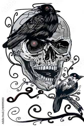 Skull bones and birds of death​ rock style.