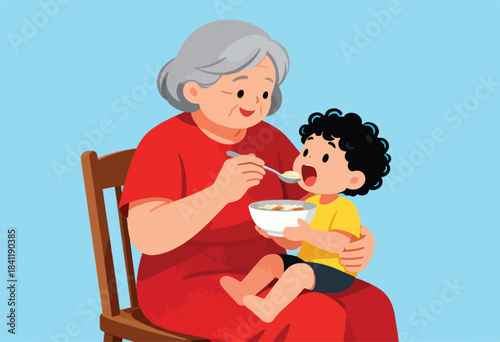 A grandmother feeds a young child soup, both sitting on a chair, sharing a tender moment of care