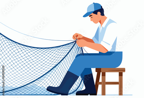 A man wearing a hat and overalls mends a fishing net while sitting on a stool. Blue hues