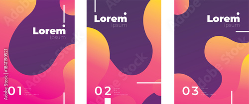 A collection of five contemporary art prints showcasing bold, flowing color transitions in shades of violet, crimson, and amber. Each piece integrates clean, understated lettering paired with structur