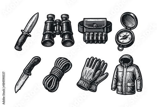 A comprehensive collection of essential hunting and survival gear, including a knife, binoculars, compass, and jacket, rendered in a detailed vintage engraving style — stock vector.