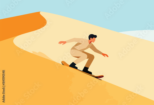 A graphic illustration shows a person sandboarding down a dune in a tan outfit with the blue sky