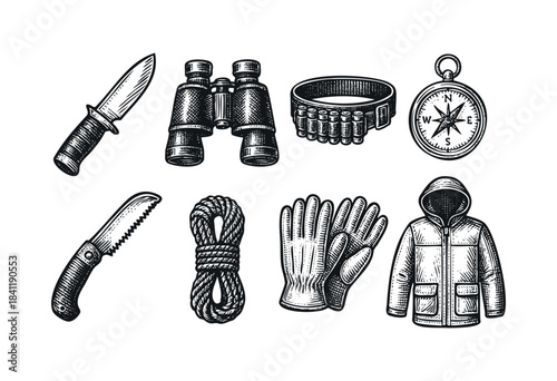 A comprehensive collection of essential hunting and survival gear, including a knife, binoculars, compass, and jacket, rendered in a detailed vintage engraving style — stock vector.