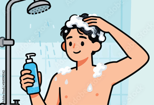 An illustration shows a man in a shower, lathering his hair with a bottle of blue soap