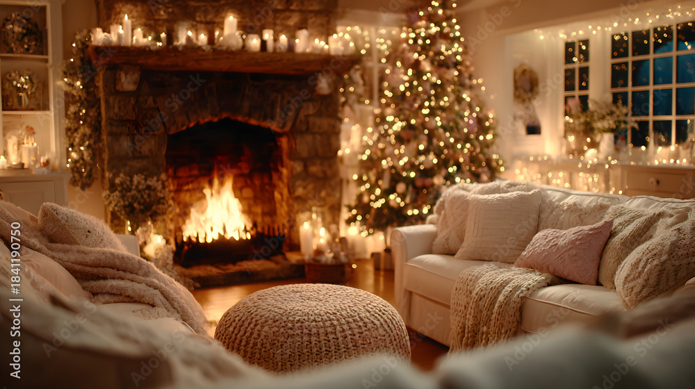 Obraz premium Cozy Christmas Living Room Interior with Lit Fireplace, Decorated Tree, and Warm Lighting
