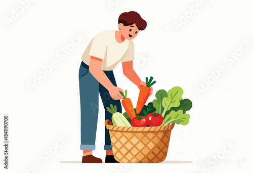 Illustration of a person gathering vegetables from a basket. Features tomatoes, carrots, lettuce, and zucchini