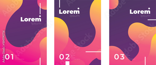 A collection of five contemporary art prints showcasing bold, flowing color transitions in shades of violet, crimson, and amber. Each piece integrates clean, understated lettering paired with structur