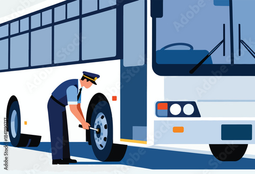 An illustration depicting a bus driver in uniform fixing the tire of a white city bus