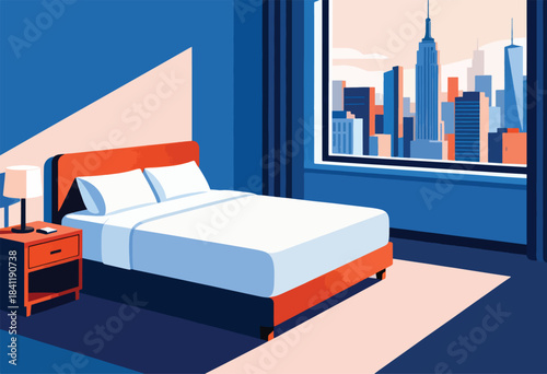 Minimalist bedroom with city view. Orange bed, nightstand, and window overlooking a colorful cityscape. Morning light