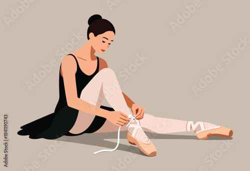 A ballerina in a black leotard and ballet shoes sits, tying her pointe shoes, focused and graceful