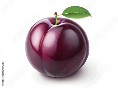 Single Fresh Ripe Purple Plum with Green Leaf Isolated on White Background