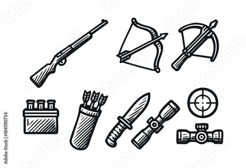 Collection of eight different hunting and archery icons, including a rifle, bow and arrow, crossbow, and a hunting knife, depicted in a vintage, hand-drawn sketch style — stock vector.