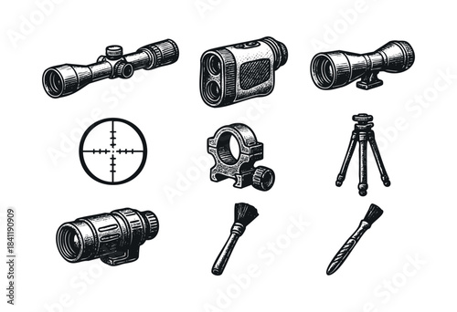 A comprehensive collection of hunting and shooting optics, including scopes, rangefinders, and accessories, rendered in a detailed vintage engraving style on a white background — stock vector.