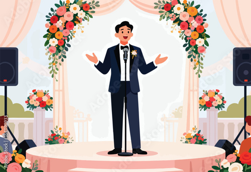 A well-dressed man stands at a wedding reception, addressing a gathering. Colorful floral decorations surround