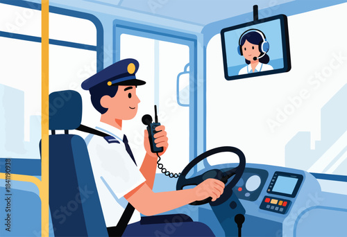 A bus driver, in uniform, speaks into a radio while driving. A screen shows a support person. Interior scene