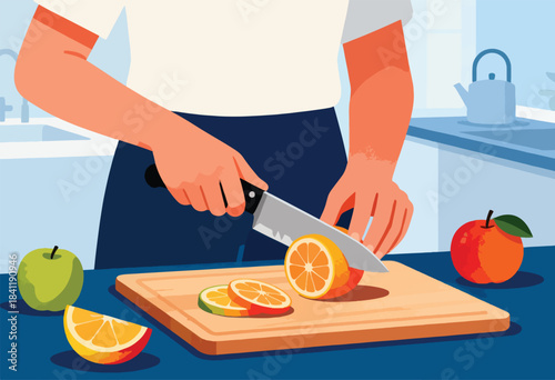 Illustration depicts a person slicing an orange on a wooden board. Apples sit nearby, creating a colorful, kitchen scene