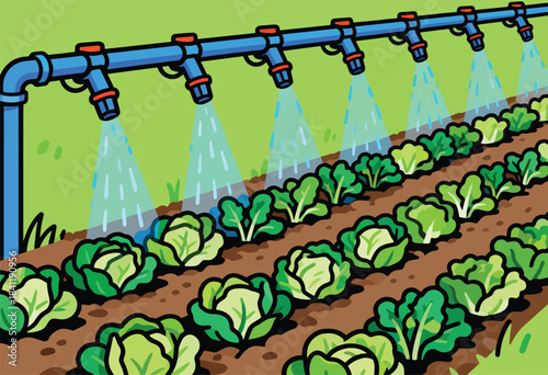 Colorful cartoon illustration of a vegetable field with irrigation system watering the rows of cabbages