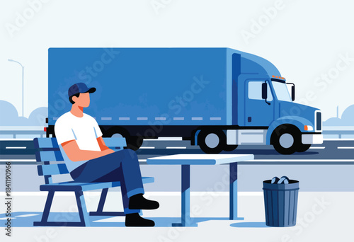 A person sits on a bench near a truck. A table and trash bin are also present. The scene is outdoors