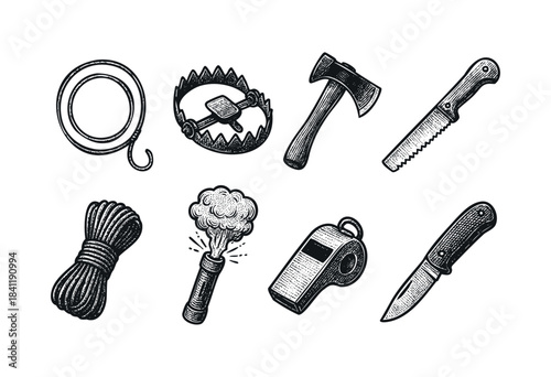 A collection of hand-drawn vintage-style outdoor and survival tools, including an axe, rope, knives, whistle, trap, and signal flare, on a white background — stock illustration.