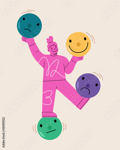 Girl standing balancing on emotional icon. Emotional balance concept. Colorful vector illustration