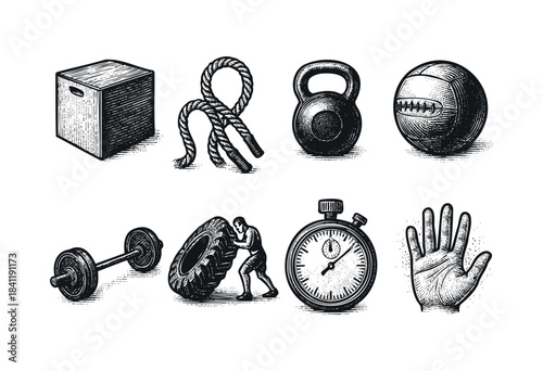 A collection of hand-drawn vintage fitness and workout equipment icons, featuring a kettlebell, barbell, rope, and tire flip, in an engraved style — stock vector.