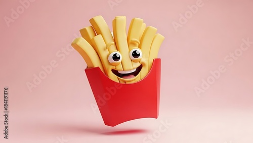 Whimsical French Fries Character with Smiling Face in Red Container.