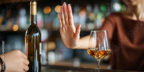 Womans Hand Refuses Wine, Bar Scene, Alcohol Abstinence