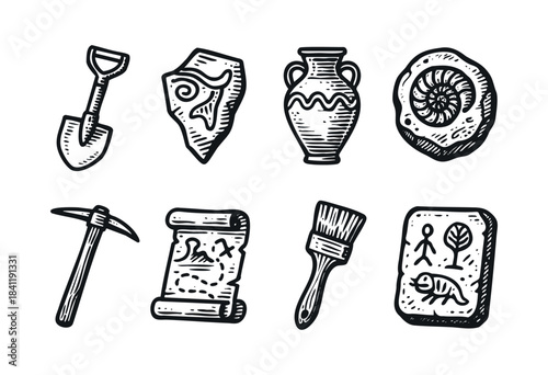 A collection of hand-drawn vintage-style illustrations depicting essential archaeology tools and ancient artifacts like a fossil, vase, and treasure map, isolated on white — stock vector.