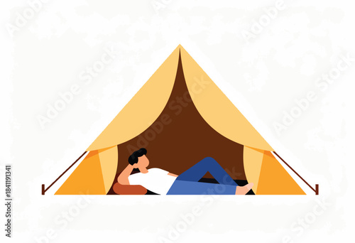 A person reclines inside a stylized tent, resting on a pillow, wearing jeans and white shirt