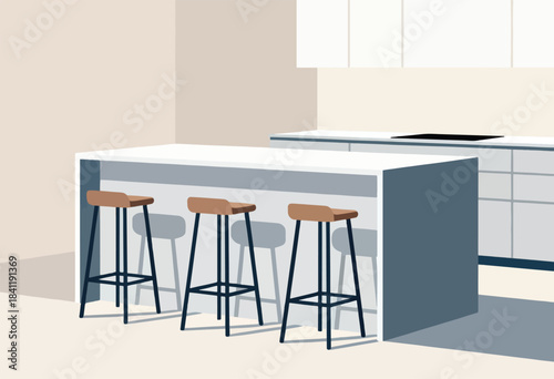 Minimalist kitchen illustration featuring a kitchen island with three bar stools and minimalist cabinets