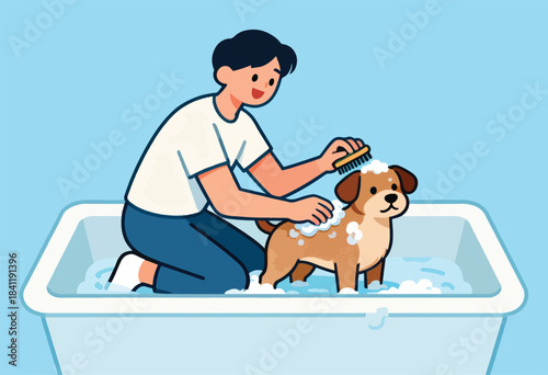 A person bathes a brown dog in a white tub filled with water and soap. The person uses a brush