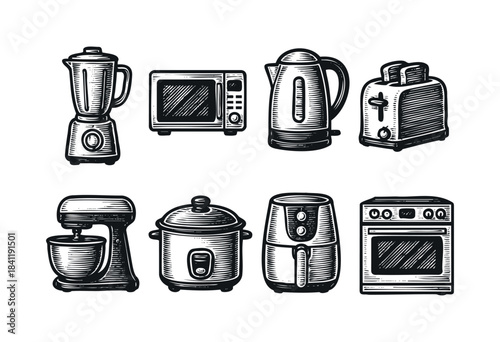 A vintage-style woodcut collection of essential modern kitchen appliances, including a blender, microwave, electric kettle, toaster, stand mixer, rice cooker, air fryer, and oven — stock vector.