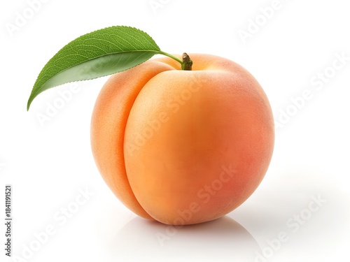 Single Fresh Ripe Apricot with Green Leaf on White Background