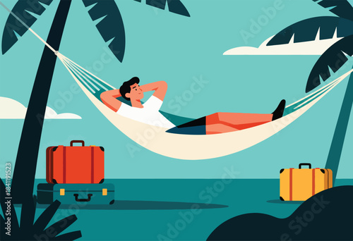 A relaxed person lies in a hammock under palm trees, luggage nearby, evoking a tropical vacation vibe