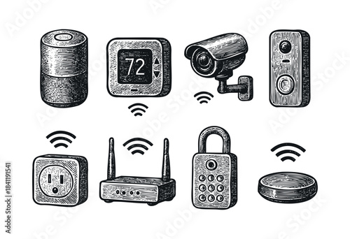 Vintage-style engraved icons featuring various smart home technology devices like security cameras, smart speakers, thermostats, and routers, all connected via Wi-Fi — stock vector.