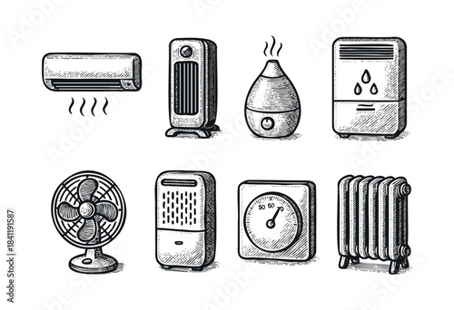 A collection of hand-drawn icons depicting various household climate and air quality devices like air conditioners, heaters, fans, and humidifiers in a vintage sketch style — stock vector.