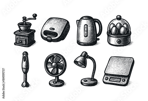 Detailed black and white engraving-style illustrations of various home and kitchen appliances, isolated on white for design projects — stock vector.