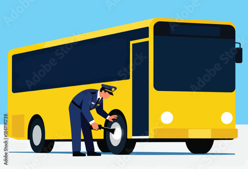 A uniformed person inspects a bus tire with a tool, depicted in a vector art style against a blue sky