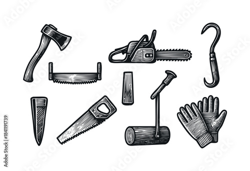 A classic woodcut-style illustration set featuring essential lumberjack and logging tools like an axe, chainsaw, saws, and timber handling equipment, isolated on white. — stock vector.