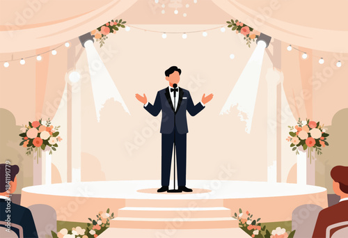 A speaker in a tuxedo stands on a stage lit by spotlights, flowers adorn the scene, with attendees