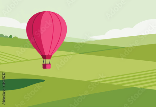 A vibrant, simple graphic depicts a pink hot air balloon floating over rolling green hills