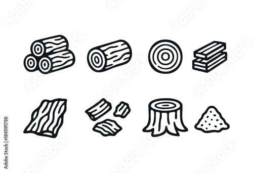 A collection of various wood elements including logs, timber, a stump, bark, chips, and sawdust, depicted in a hand-drawn outline style — stock vector.