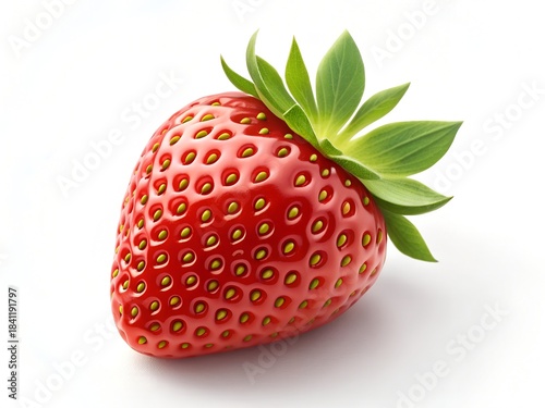Single Fresh Red Strawberry with Green Stem on White Background