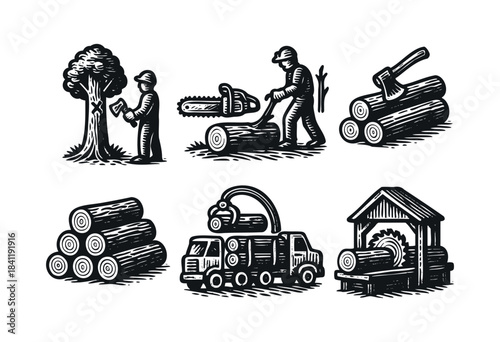 A set of woodcut-style black and white vector illustrations depicting the logging and lumber industry process, from felling trees to sawmill production — stock vector.