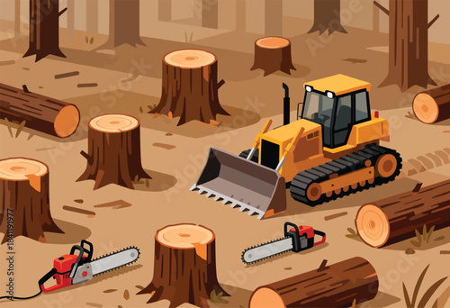 Illustration depicts deforestation; a bulldozer, chainsaws, and felled trees are the focus in a forest setting
